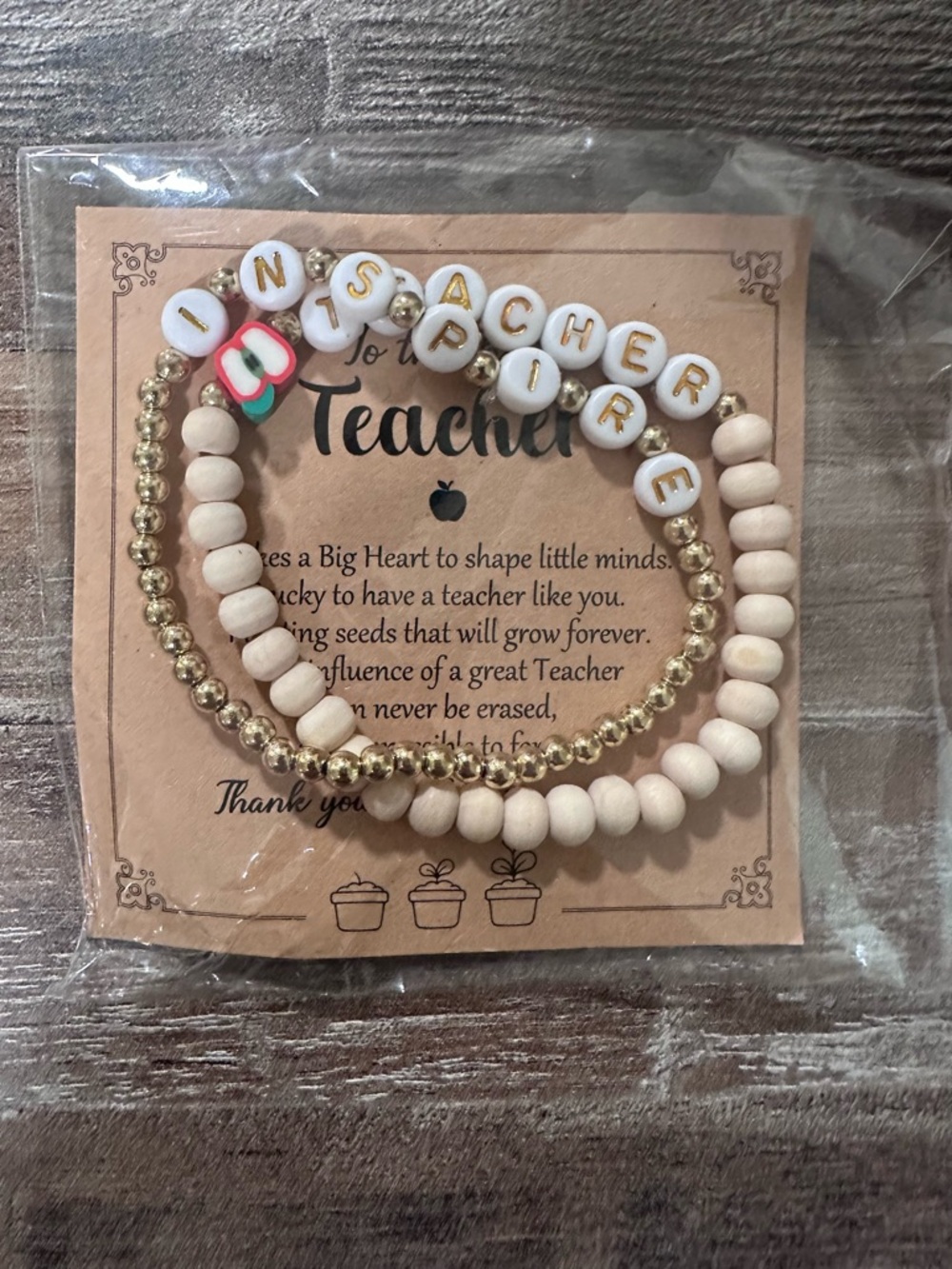 Teacher Bracelet Set with Gold and Natural Wood Beads